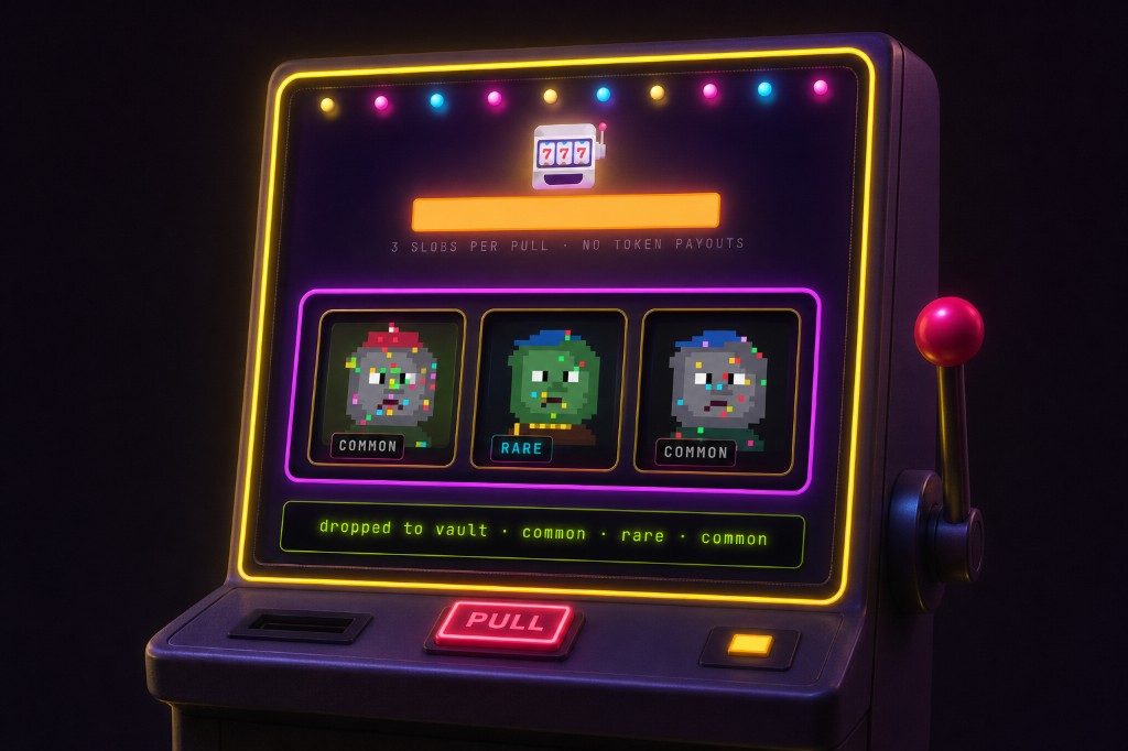 Neon retro arcade cabinet — the SLOB casino: pull drops three NFT slobs per spin